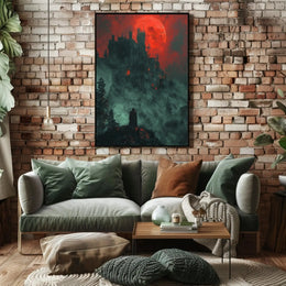Mysterious Gothic Castle with Cloaked Figure Artistic Poster PosterGoat