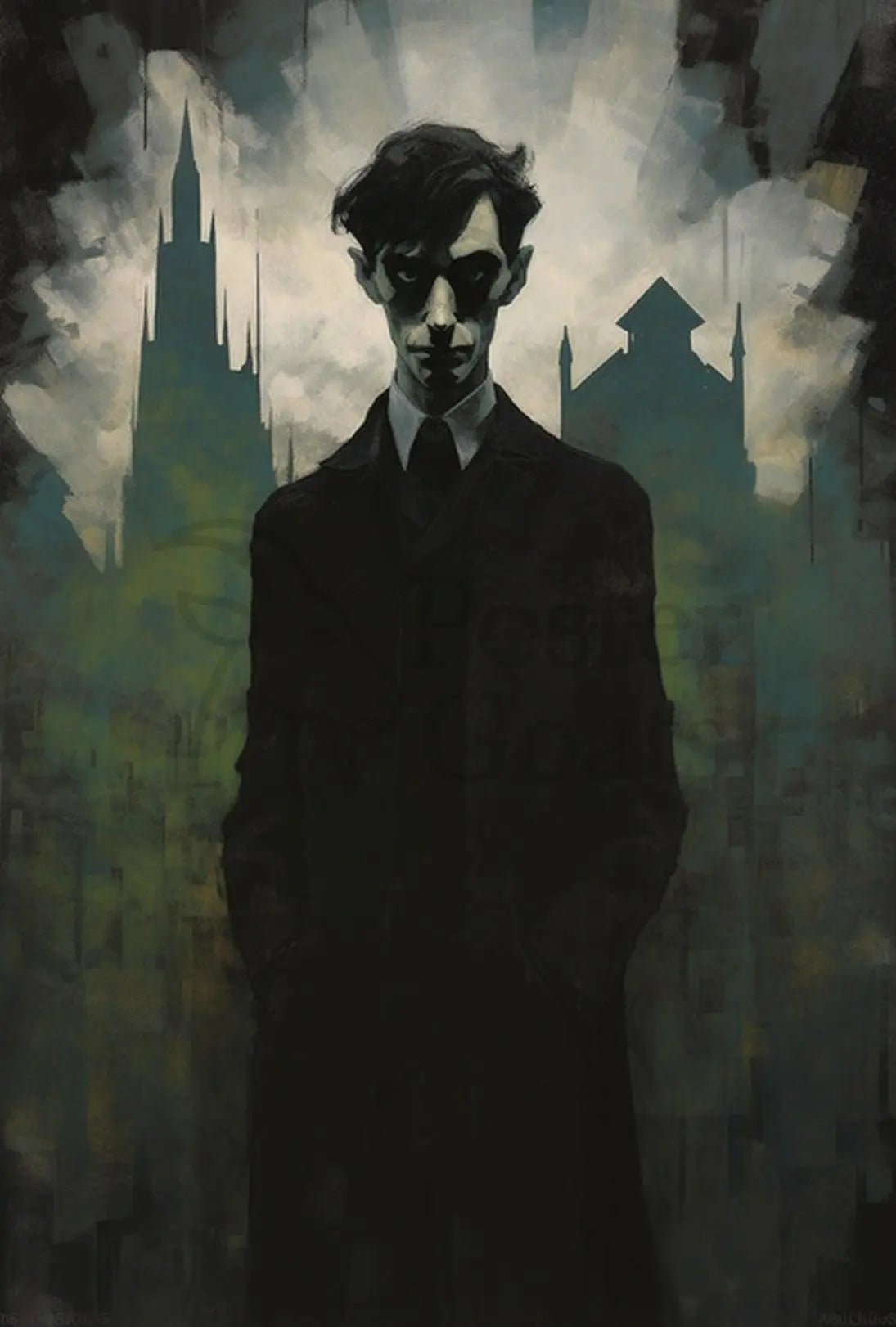 Mysterious Gothic Cityscape with Enigmatic Figure Artistic Poster PosterGoat