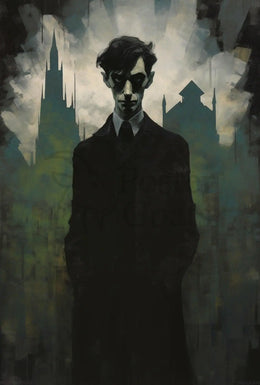 Mysterious Gothic Cityscape with Enigmatic Figure Artistic Poster PosterGoat
