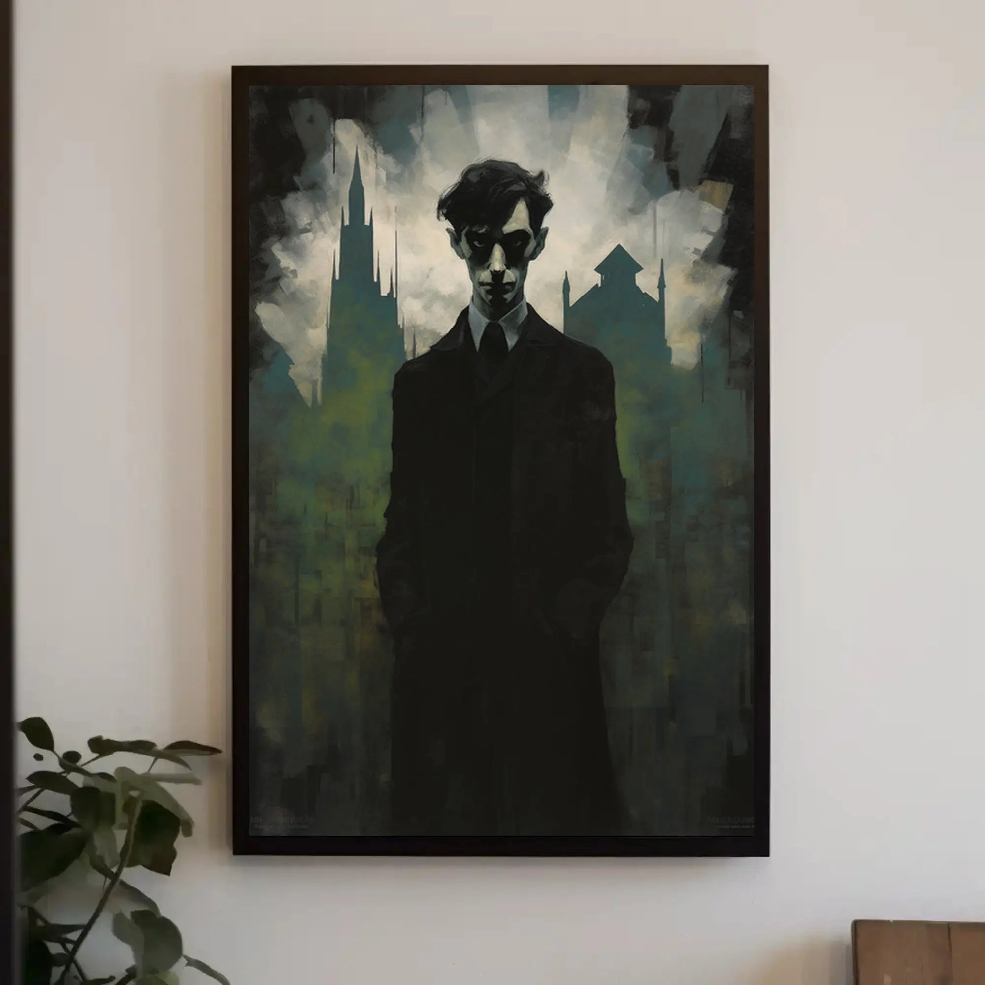 Mysterious Gothic Cityscape with Enigmatic Figure Artistic Poster PosterGoat