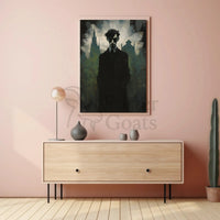 Mysterious Gothic Cityscape with Enigmatic Figure Artistic Poster PosterGoat