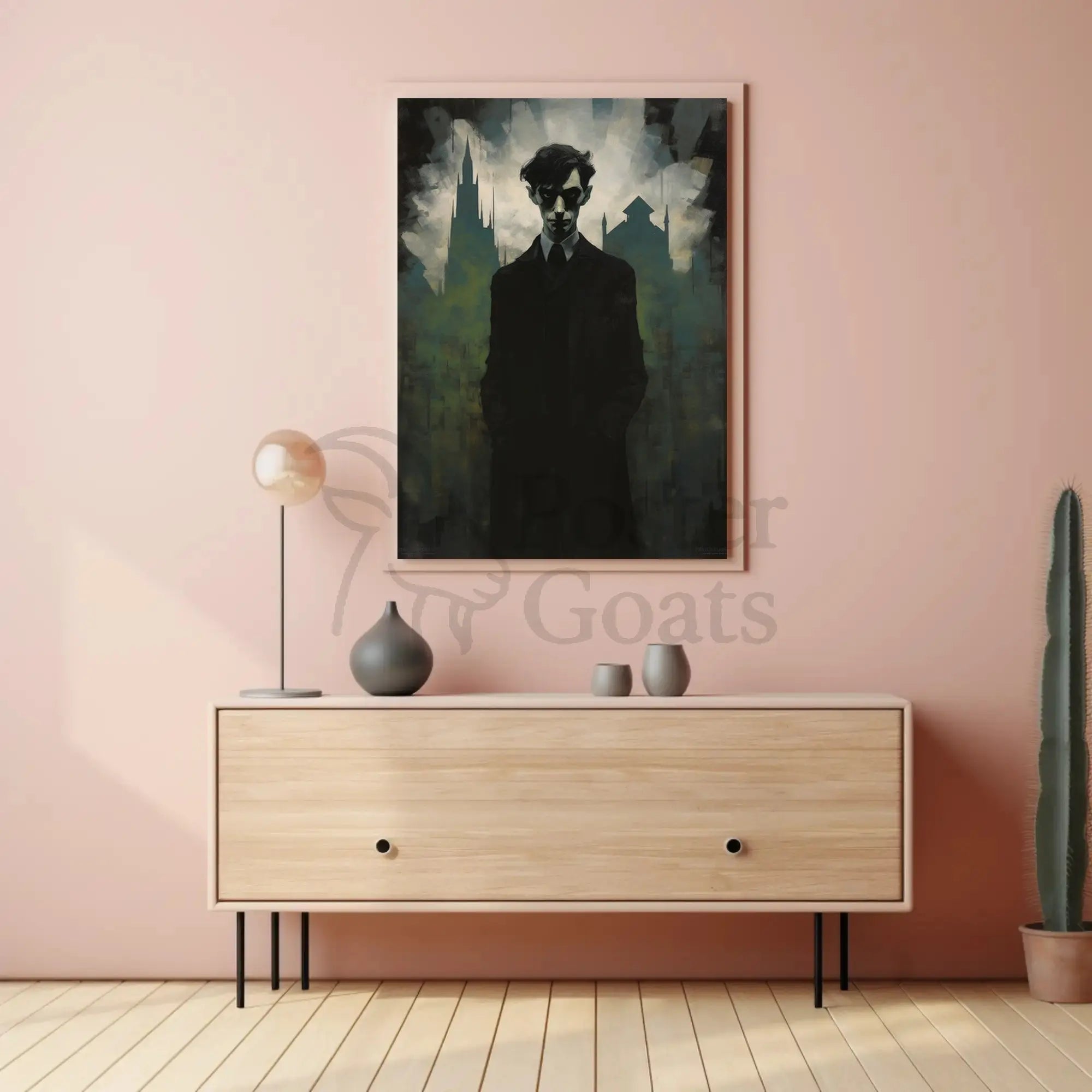 Mysterious Gothic Cityscape with Enigmatic Figure Artistic Poster PosterGoat