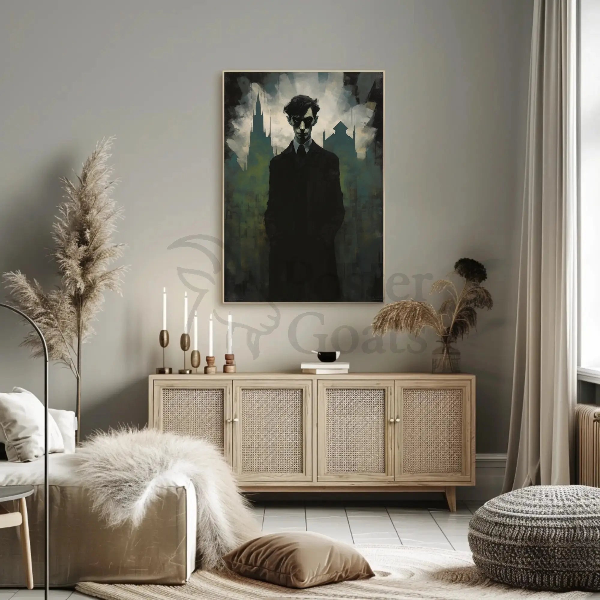 Mysterious Gothic Cityscape with Enigmatic Figure Artistic Poster PosterGoat