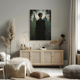 Mysterious Gothic Cityscape with Enigmatic Figure Artistic Poster PosterGoat