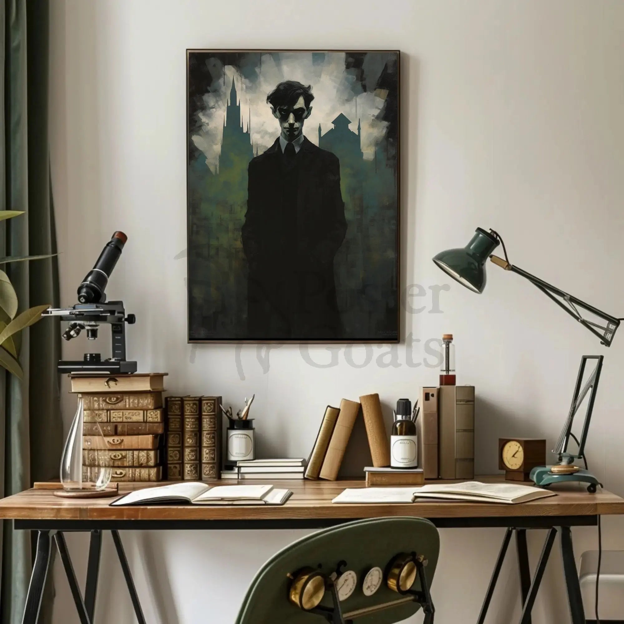 Mysterious Gothic Cityscape with Enigmatic Figure Artistic Poster PosterGoat
