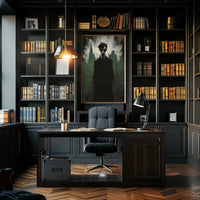 Mysterious Gothic Cityscape with Enigmatic Figure Artistic Poster PosterGoat