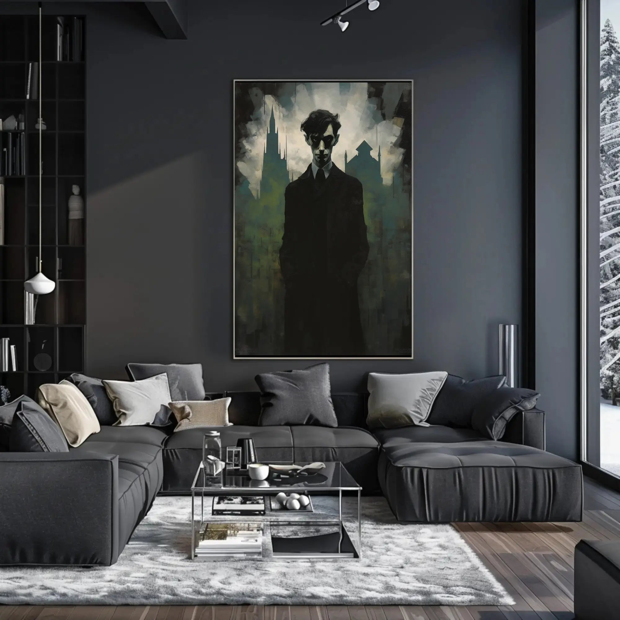 Mysterious Gothic Cityscape with Enigmatic Figure Artistic Poster PosterGoat