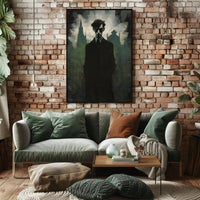 Mysterious Gothic Cityscape with Enigmatic Figure Artistic Poster PosterGoat