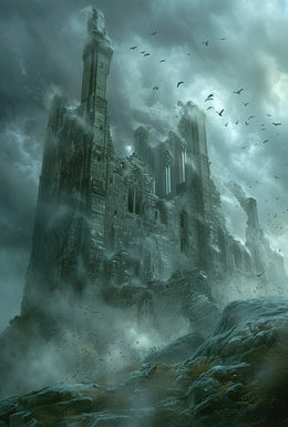 Mysterious Gothic Ruin with Crows Dark Fantasy Poster PosterGoat