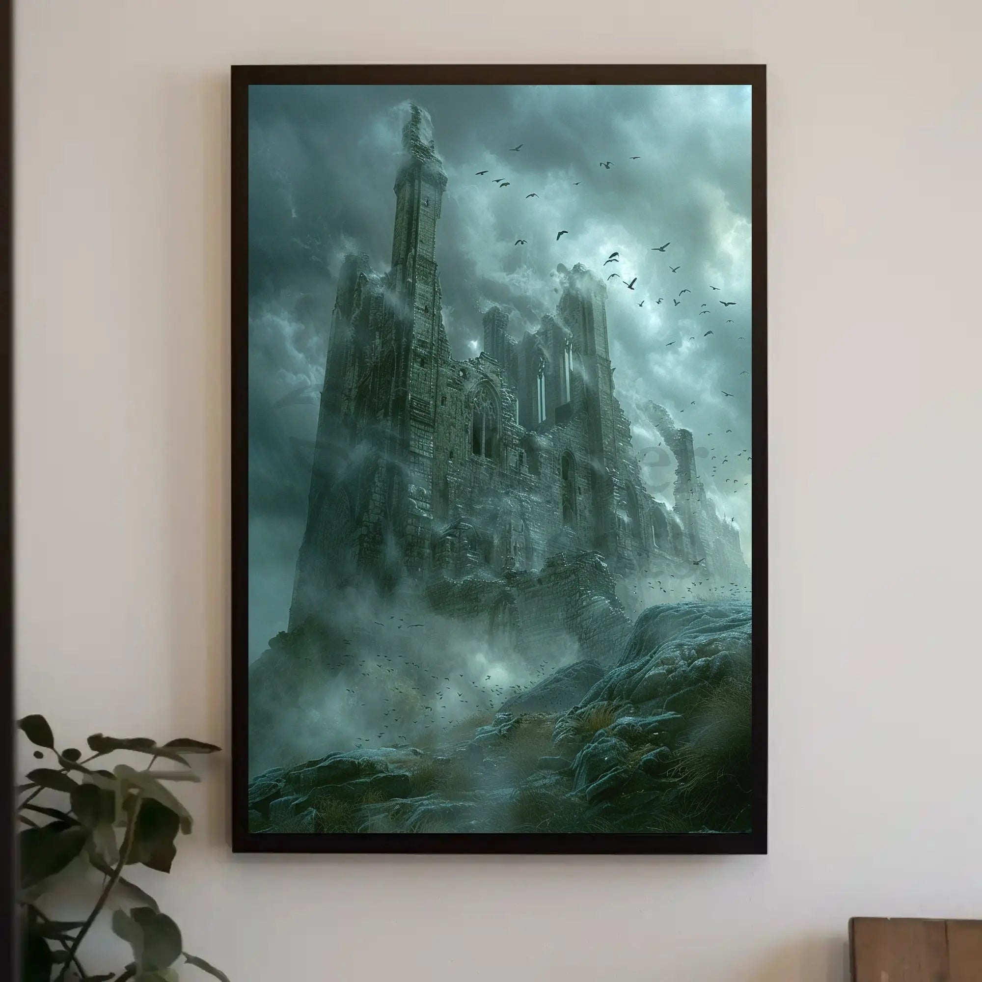 Mysterious Gothic Ruin with Crows Dark Fantasy Poster PosterGoat