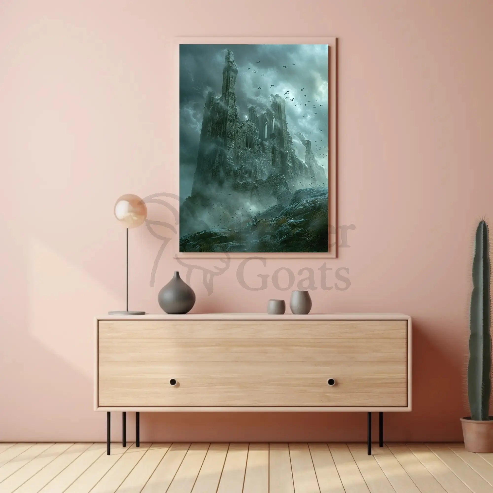 Mysterious Gothic Ruin with Crows Dark Fantasy Poster PosterGoat