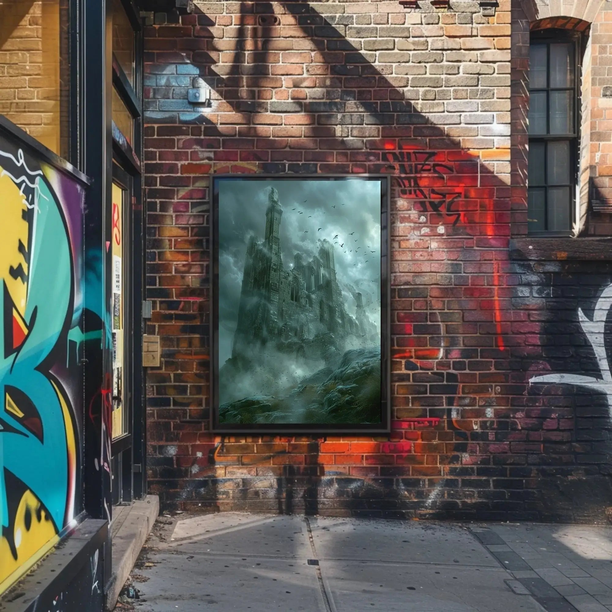 Mysterious Gothic Ruin with Crows Dark Fantasy Poster PosterGoat