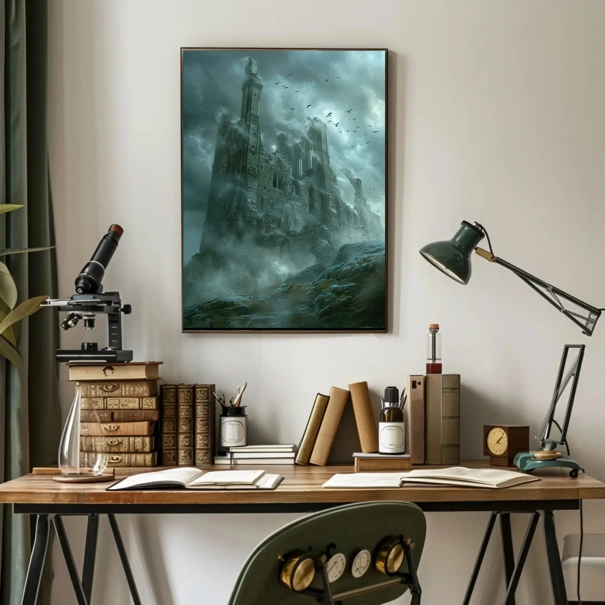 Mysterious Gothic Ruin with Crows Dark Fantasy Poster PosterGoat
