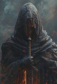 Mysterious Hooded Figure Travel Poster for Adventure Seekers PosterGoat