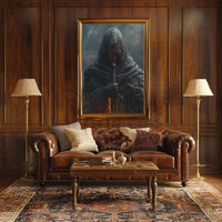 Mysterious Hooded Figure Travel Poster for Adventure Seekers PosterGoat