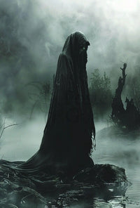 Mysterious Hooded Figure in Dark Swamp Artistic Poster PosterGoat
