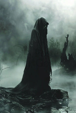 Mysterious Hooded Figure in Dark Swamp Artistic Poster PosterGoat