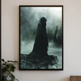 Mysterious Hooded Figure in Dark Swamp Artistic Poster PosterGoat