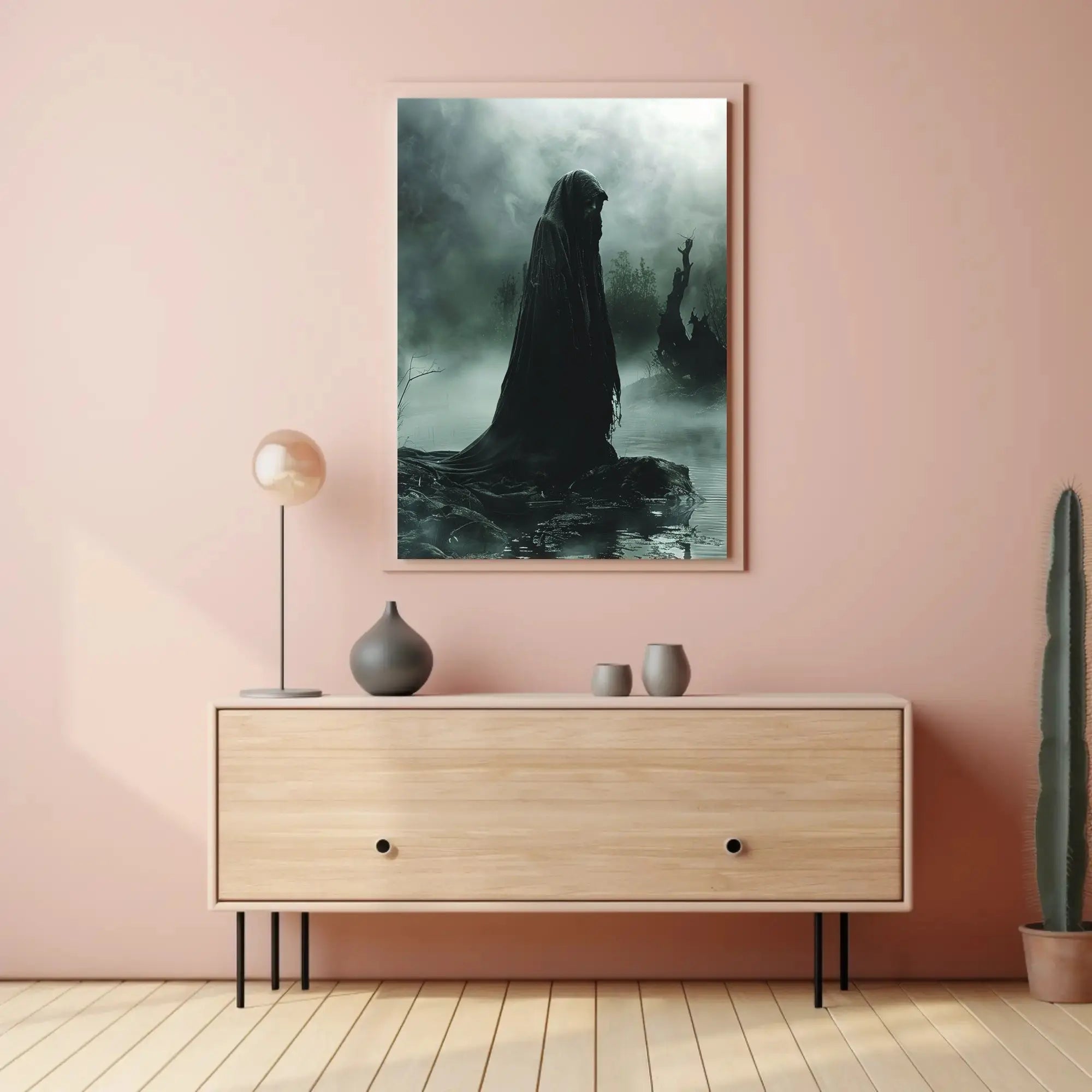 Mysterious Hooded Figure in Dark Swamp Artistic Poster PosterGoat