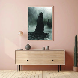 Mysterious Hooded Figure in Dark Swamp Artistic Poster PosterGoat