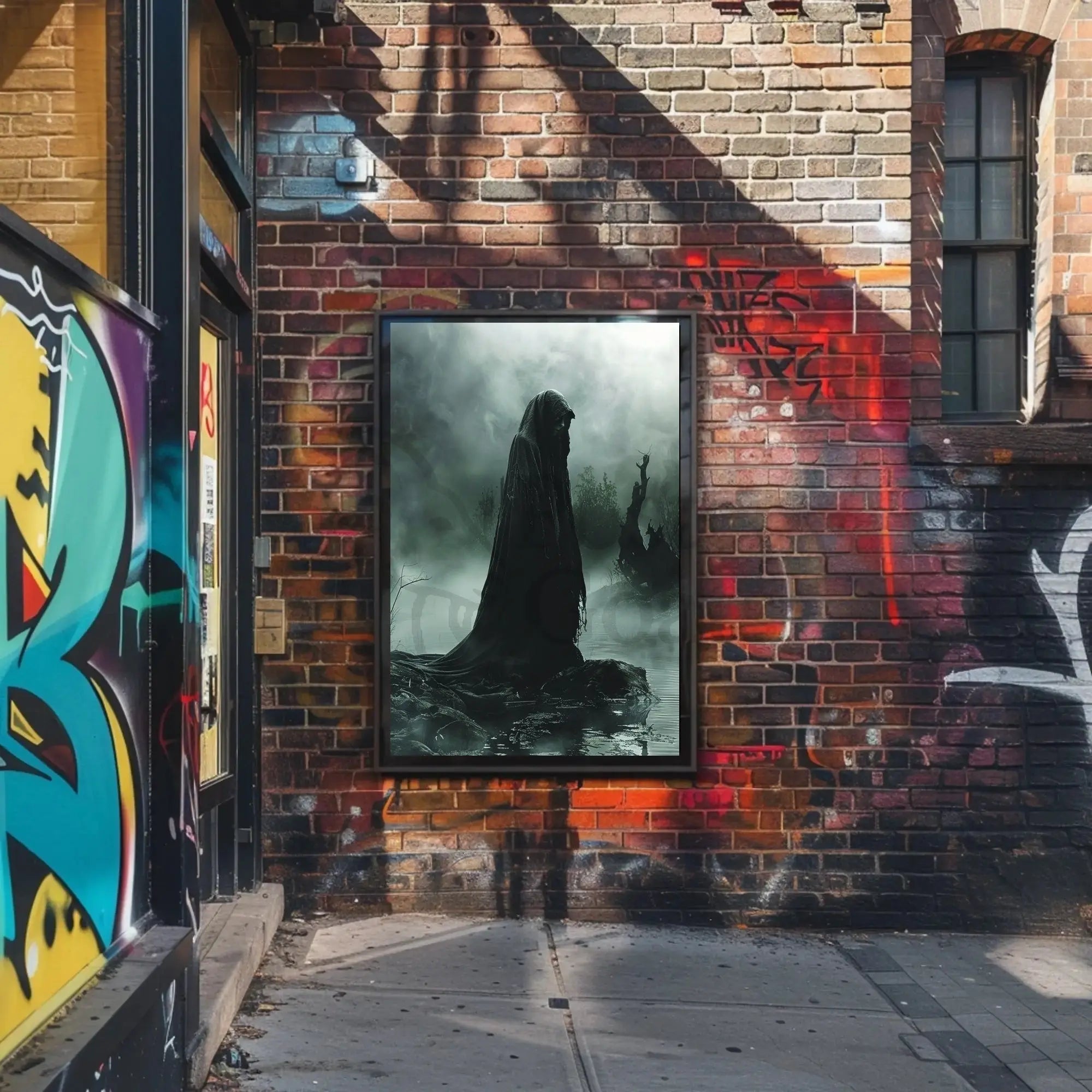 Mysterious Hooded Figure in Dark Swamp Artistic Poster PosterGoat