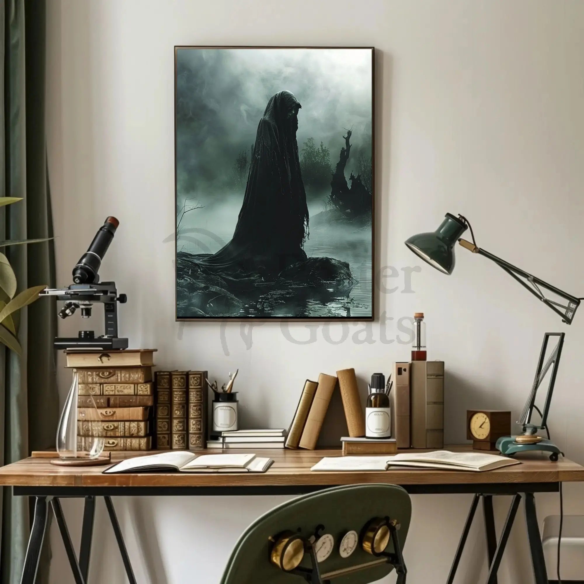 Mysterious Hooded Figure in Dark Swamp Artistic Poster PosterGoat