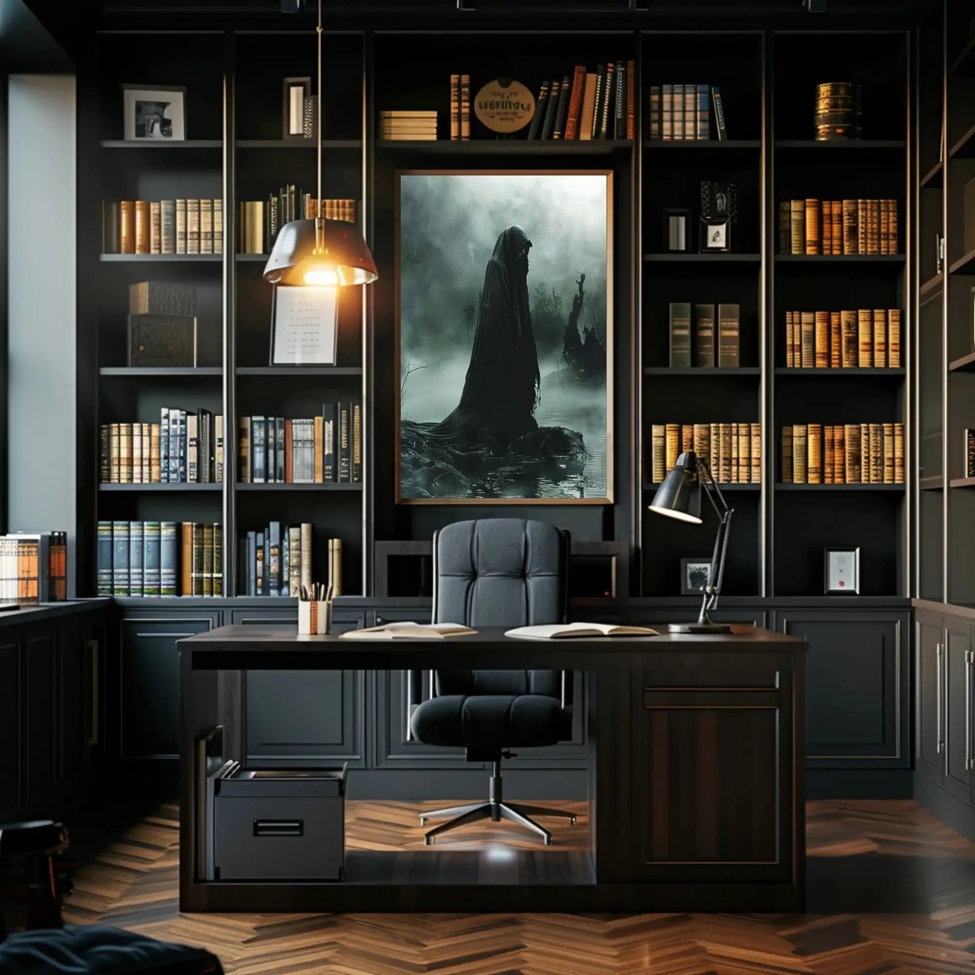Mysterious Hooded Figure in Dark Swamp Artistic Poster PosterGoat