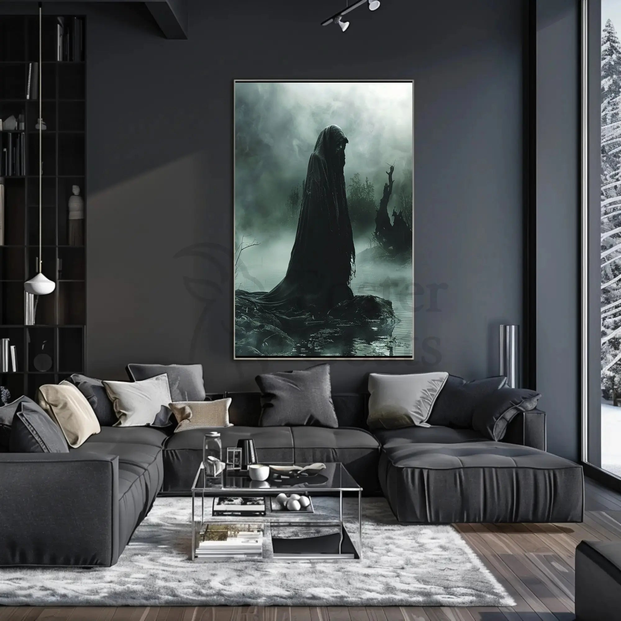 Mysterious Hooded Figure in Dark Swamp Artistic Poster PosterGoat