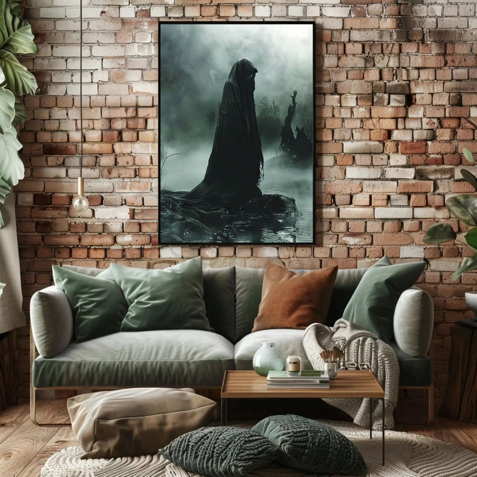 Mysterious Hooded Figure in Dark Swamp Artistic Poster PosterGoat
