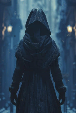 Mysterious Hooded Figure in Gothic Alley Artistic Poster PosterGoat