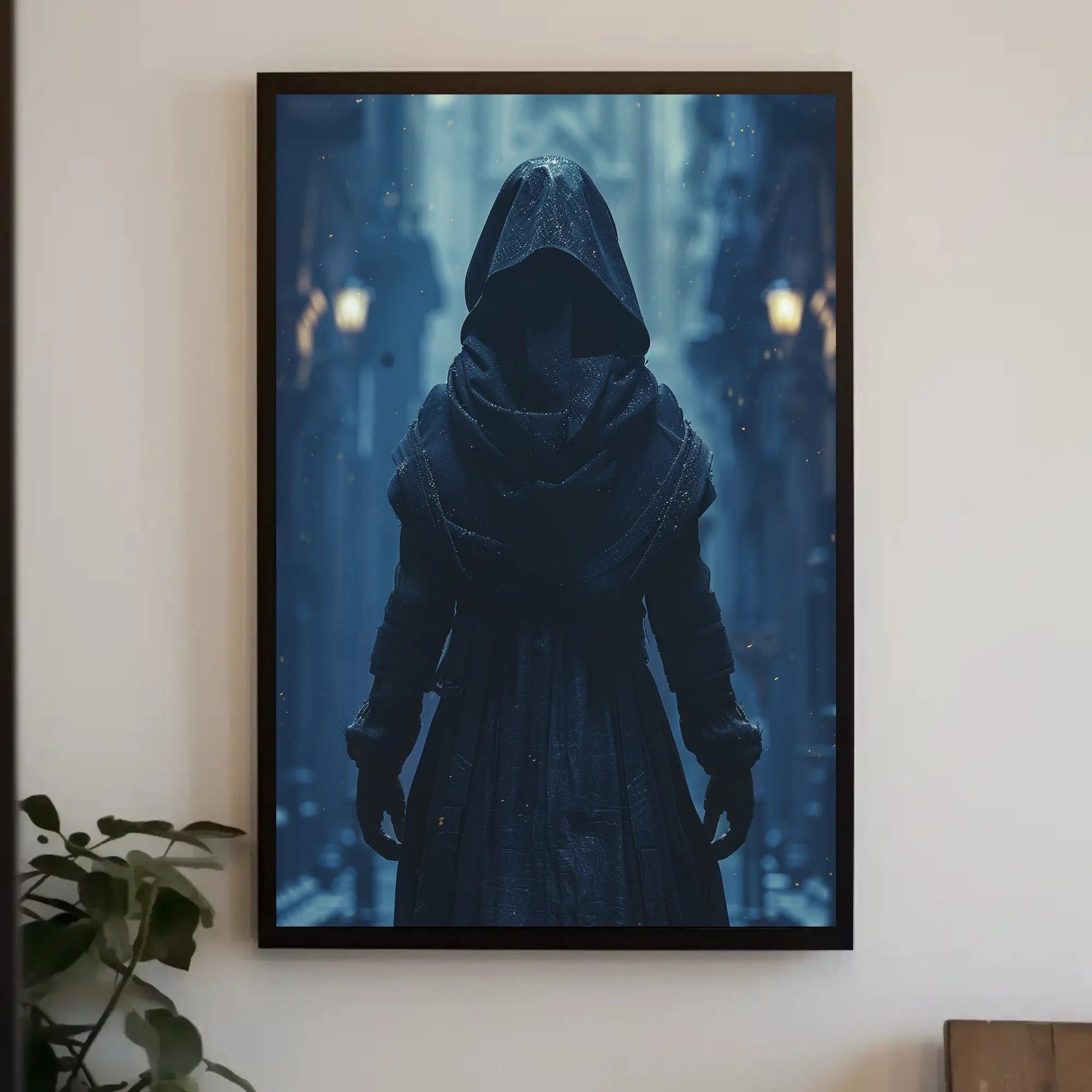 Mysterious Hooded Figure in Gothic Alley Artistic Poster PosterGoat