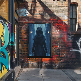 Mysterious Hooded Figure in Gothic Alley Artistic Poster PosterGoat