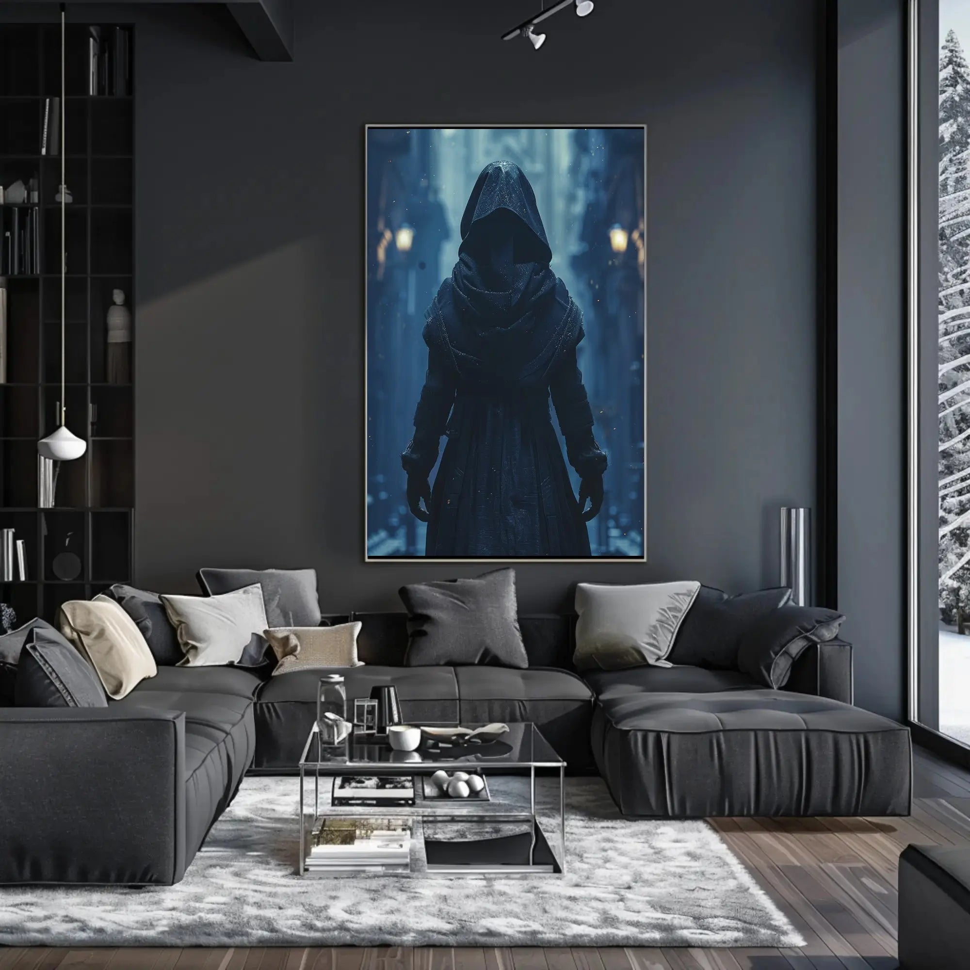 Mysterious Hooded Figure in Gothic Alley Artistic Poster PosterGoat
