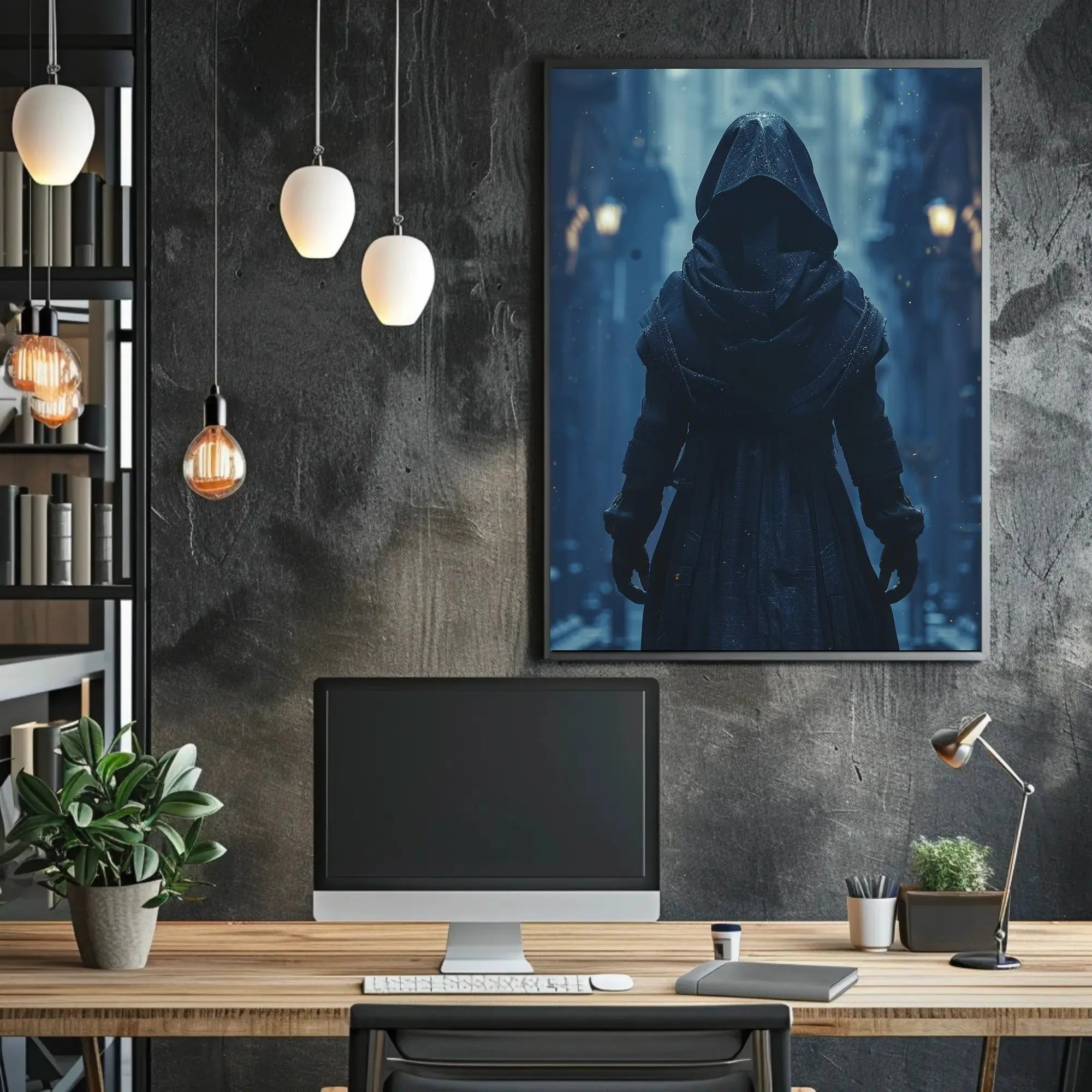 Mysterious Hooded Figure in Gothic Alley Artistic Poster PosterGoat