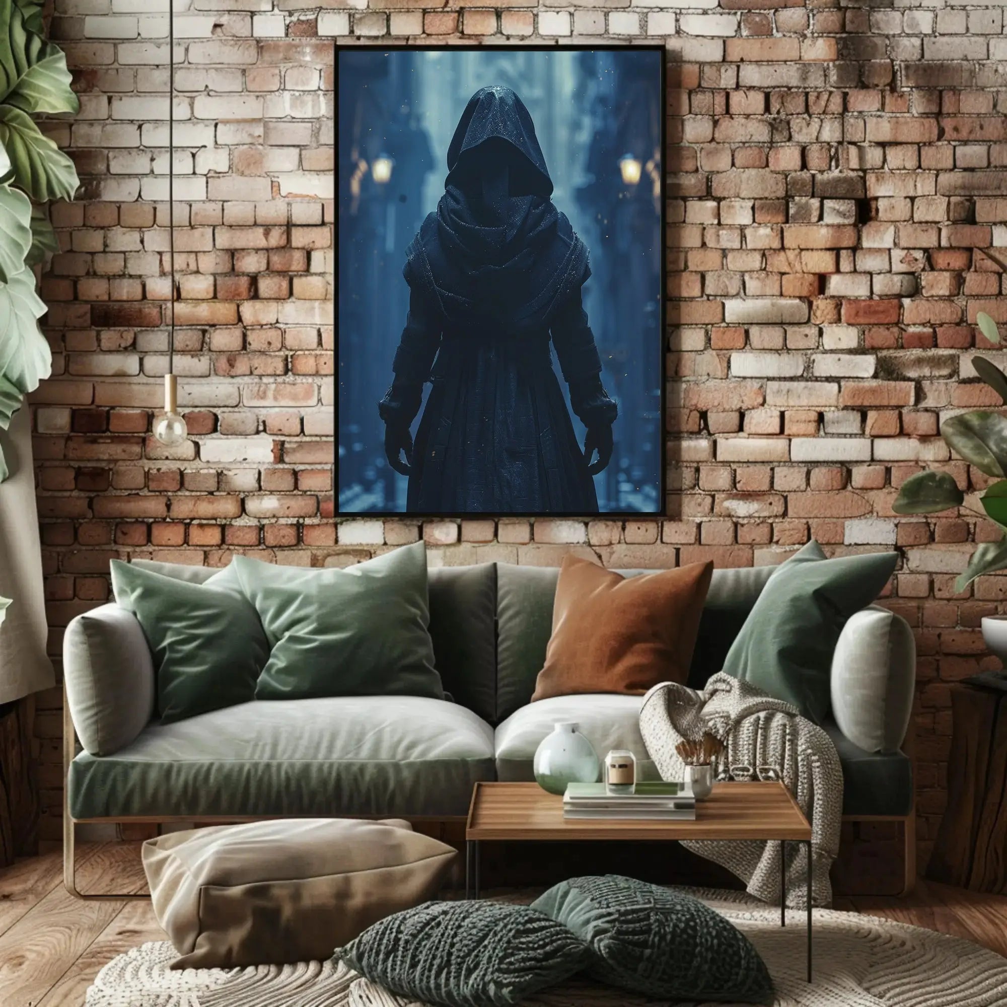 Mysterious Hooded Figure in Gothic Alley Artistic Poster PosterGoat