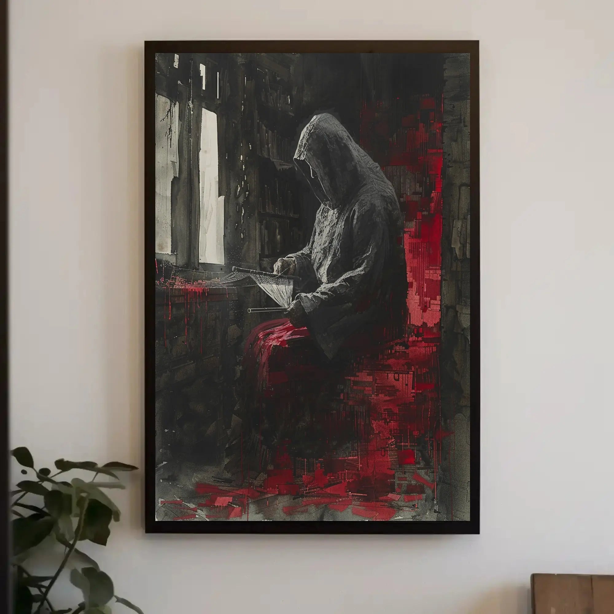 Mysterious Hooded Figure in Somber Study Artistic Poster PosterGoat
