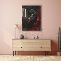 Mysterious Hooded Figure in Somber Study Artistic Poster PosterGoat