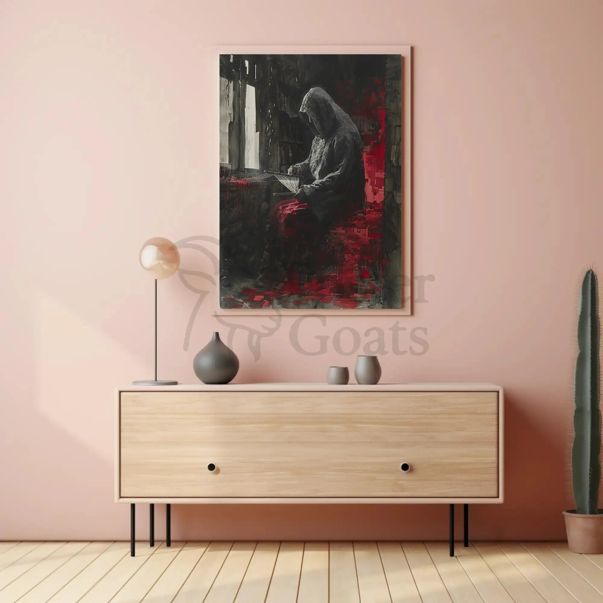Mysterious Hooded Figure in Somber Study Artistic Poster PosterGoat