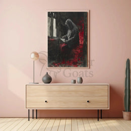 Mysterious Hooded Figure in Somber Study Artistic Poster PosterGoat