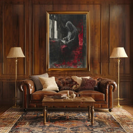 Mysterious Hooded Figure in Somber Study Artistic Poster PosterGoat