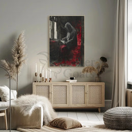 Mysterious Hooded Figure in Somber Study Artistic Poster PosterGoat