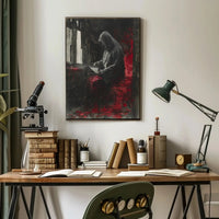 Mysterious Hooded Figure in Somber Study Artistic Poster PosterGoat