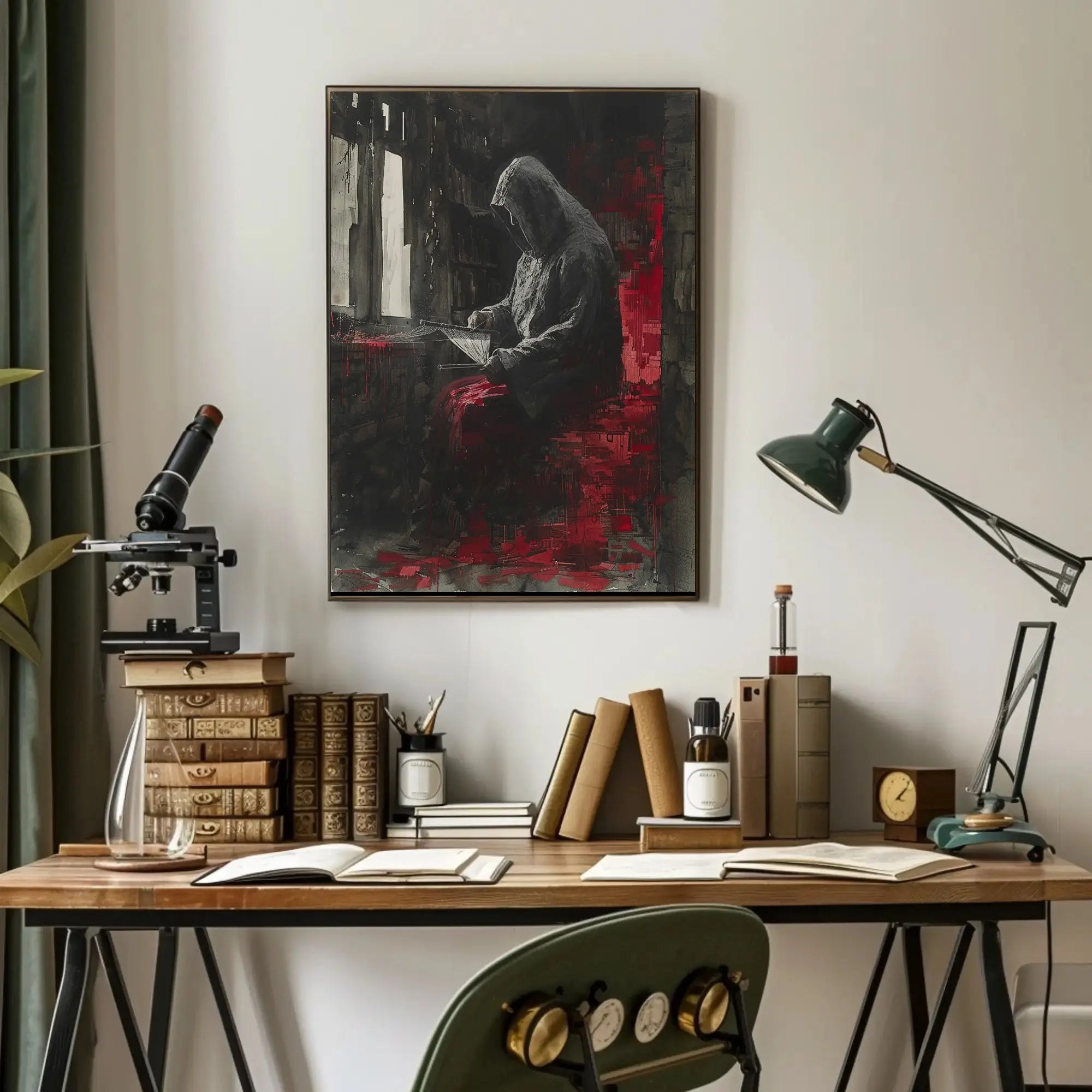 Mysterious Hooded Figure in Somber Study Artistic Poster PosterGoat