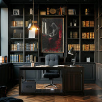 Mysterious Hooded Figure in Somber Study Artistic Poster PosterGoat