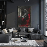 Mysterious Hooded Figure in Somber Study Artistic Poster PosterGoat