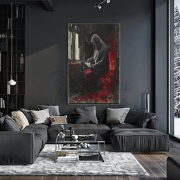 Mysterious Hooded Figure in Somber Study Artistic Poster PosterGoat