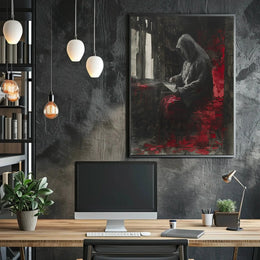 Mysterious Hooded Figure in Somber Study Artistic Poster PosterGoat