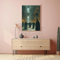 Mysterious Ritual Gathering in Grand Gothic Hall Poster PosterGoat