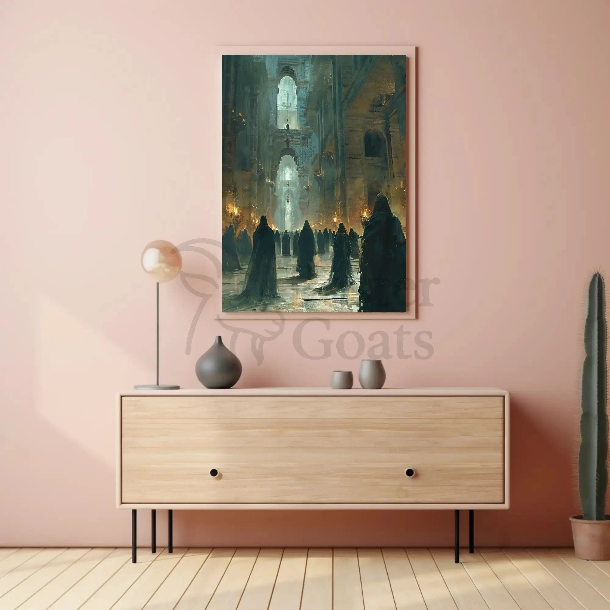 Mysterious Ritual Gathering in Grand Gothic Hall Poster PosterGoat