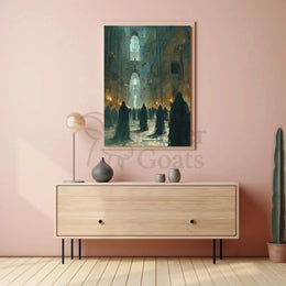 Mysterious Ritual Gathering in Grand Gothic Hall Poster PosterGoat